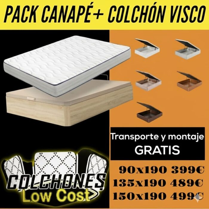 PACK ECONÓMICO LOW COST DE CANAPÉ DE VARIOS COLORES MÁS COLCHÓN VISCOLÁSTICO 👉OFERTÓN❗ 💯EL MÁS BARATO👌 "COLCHONES LOW COST" EN PALMA