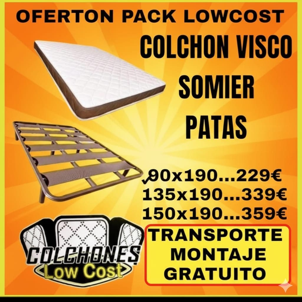 PACK ECONÓMICO LOW COST
DE SOMIER
MÁS COLCHÓN VISCOLÁSTICO👉OFERTÓN❗
💯EL MÁS BARATO👌"COLCHONES LOW COST" EN PALMA